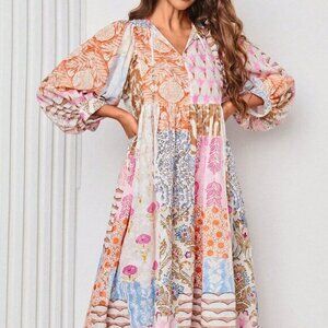 Multicolor Bohemian  Women's Lantern Sleeve V Neck Tie Pockets Maxi Dress